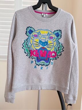Kenzo Gray Crewneck Sweatshirt with Neon Embroidered Tiger